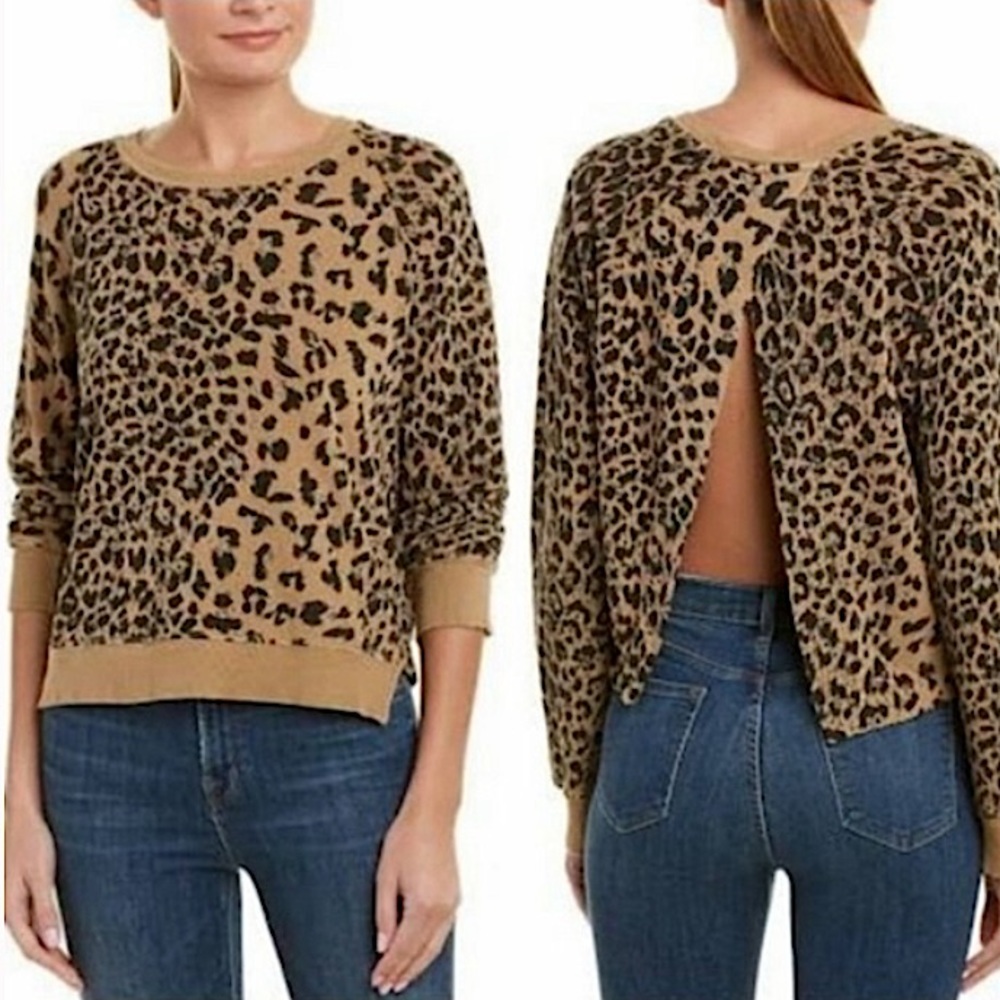 New Current Elliott Animal Print The Open Back Sweatshirt Black Leopard Mob Wife